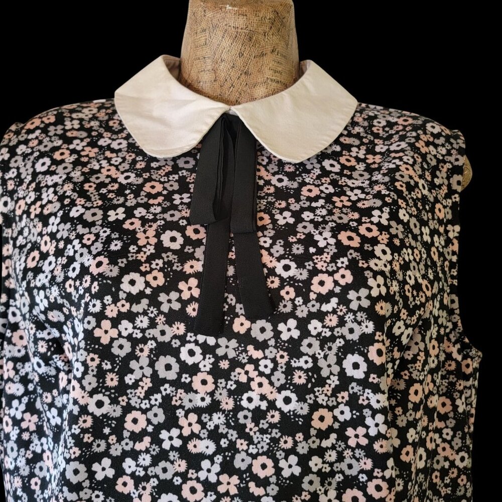 Vintage-Style Sleeveless Floral Midi Dress W/ Lace Hem Peter Pan Collar & Ribbon